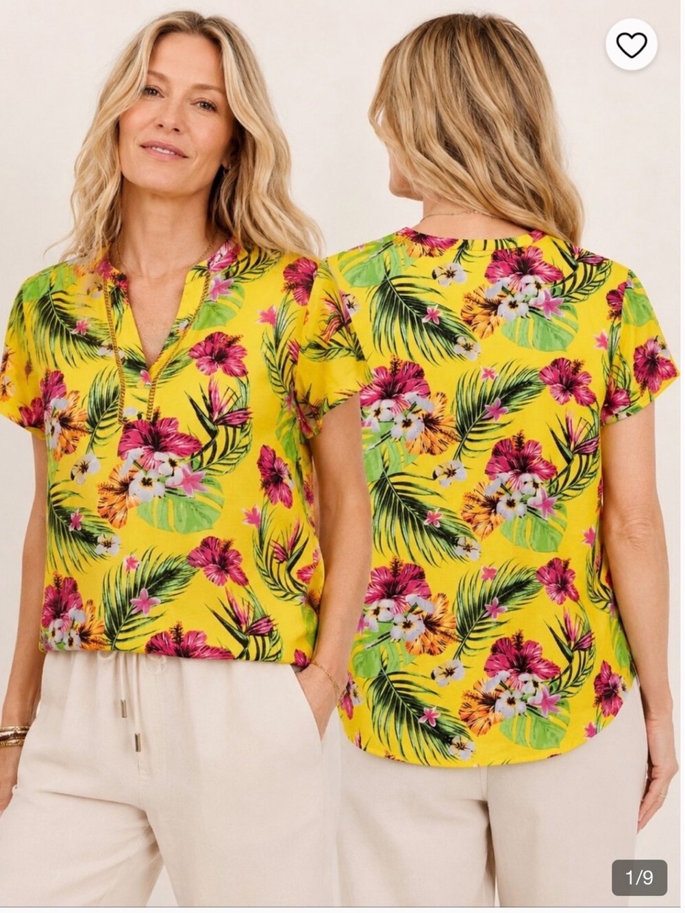 💛 NWT Elizabeth &Nicole Tropical Floral Split-Neck Flutter Sleeve Top - Yellow
